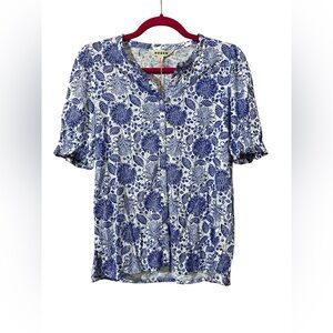 Boden Casual Button Up Blue Floral Print Career Flowy Short Sleeves Size 4 NWT
